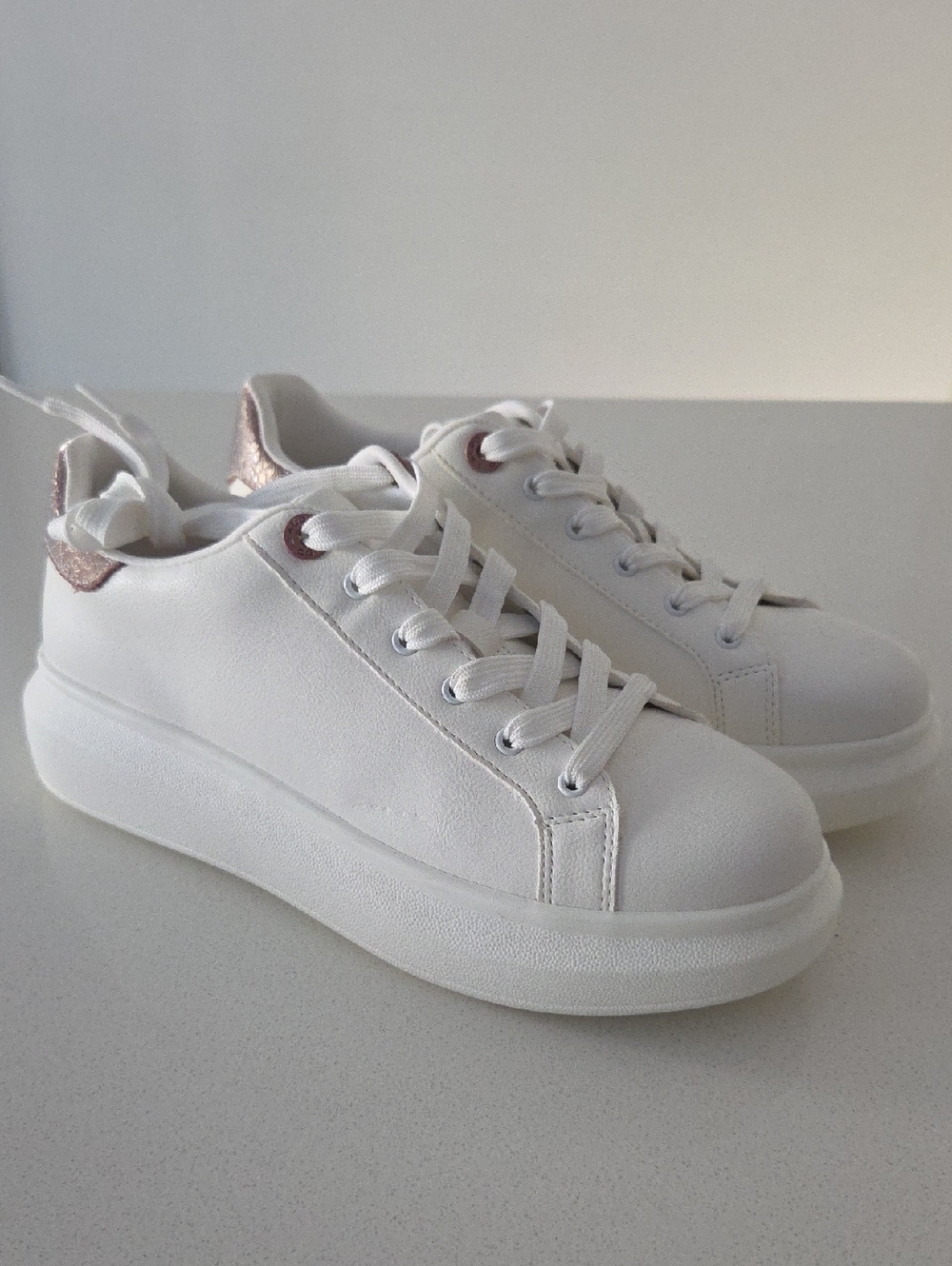 Aldo White Platform Sneakers with Metallic Rose Heel Tab